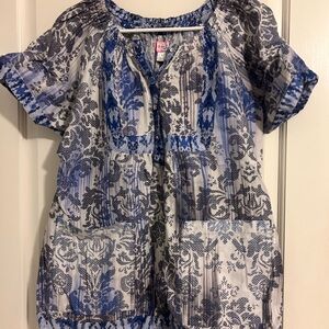 Koi Navy and White Floral Blouse